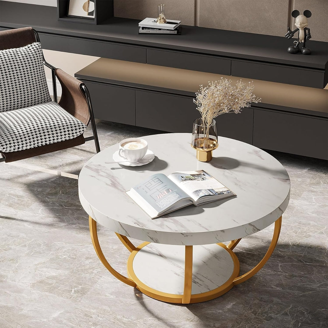 Tribesigns Modern Coffee Table, 2 Tier Round Coffee Table with Faux White Marble and Golden Metal Legs Image 5