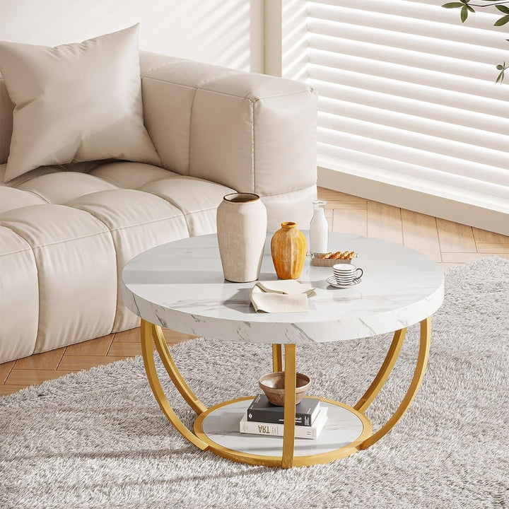 Tribesigns Modern Coffee Table, 2 Tier Round Coffee Table with Faux White Marble and Golden Metal Legs Image 6