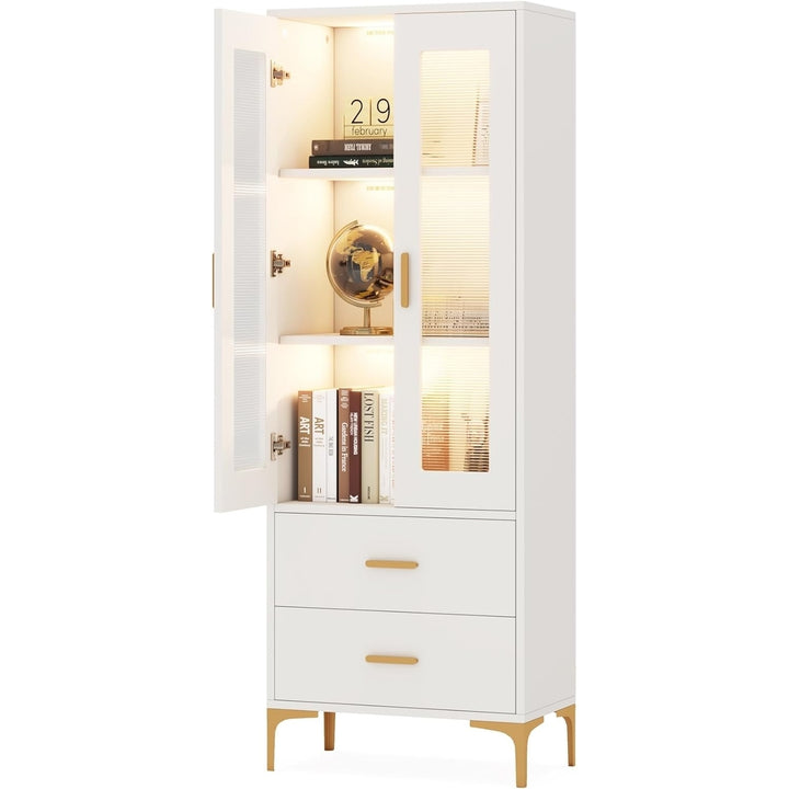 Tribesigns White Bookcase with Doors LED Light 3-Tier Shelves 2 Drawers Image 6