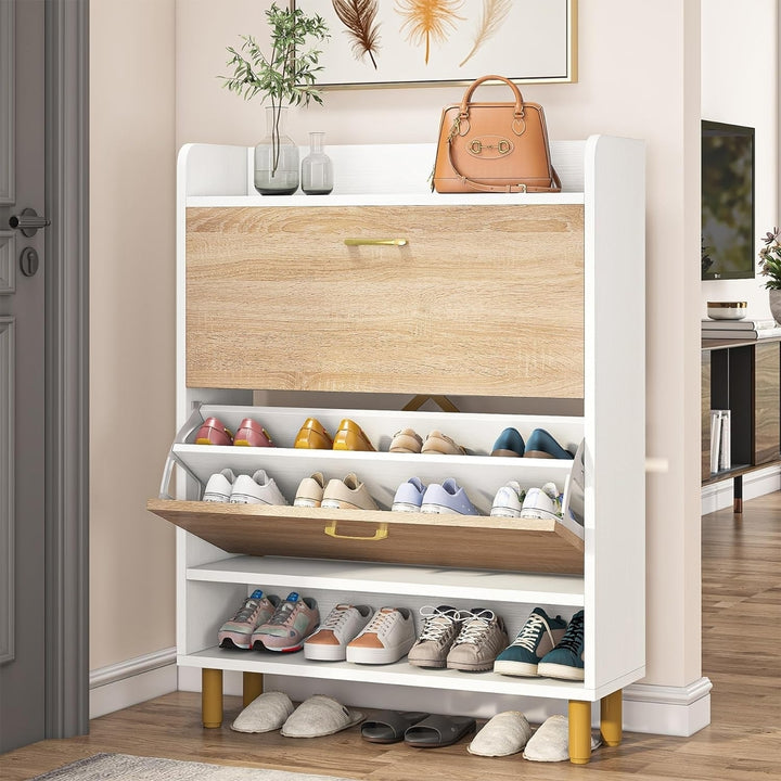 Tribesigns Shoe Cabinet, 2-Tier Shoe Storage Cabinet with Flip Doors, Entryway Shoe Organizer Rack with Open Shelves Image 1