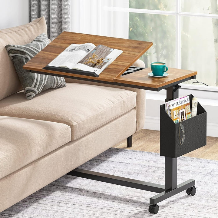 Tribesigns Height Adjustable End Table with Wheels and Side Pocket, Mobile Sofa Snack Table with Tiltable Drawing Board Image 1