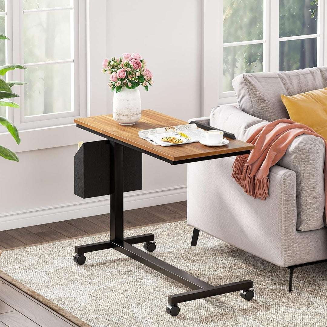 Tribesigns Height Adjustable End Table with Wheels and Side Pocket, Mobile Sofa Snack Table with Tiltable Drawing Board Image 3