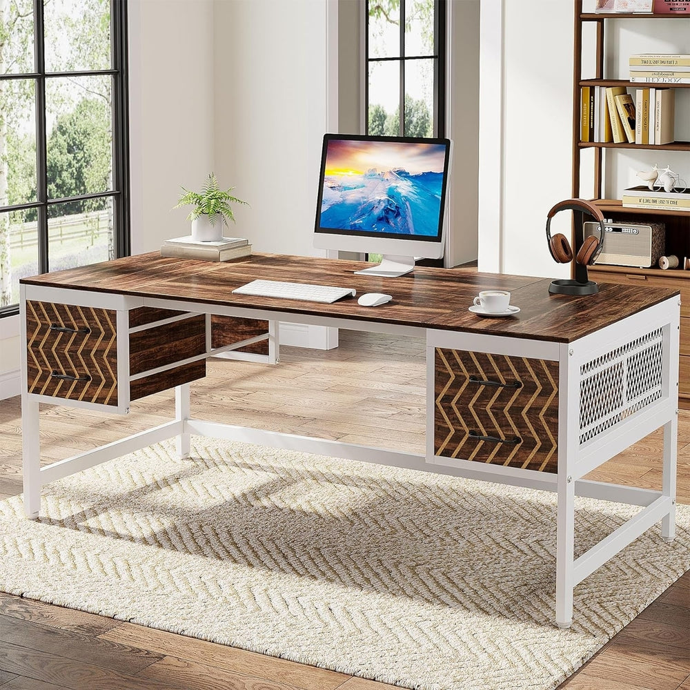 Tribesigns 63" Computer Desk Wood with 4 Drawers Farmhouse Style Home Office Image 2