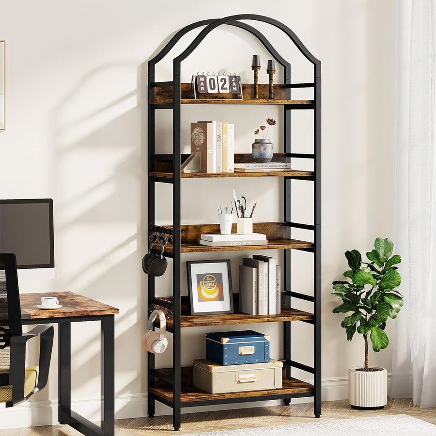 Tribesigns 5-Tier Bookshelf, 73" Tall Arched Bookcase, Industrial Wood Storage Rack Open Shelves with 4 Hooks, Modern Image 1