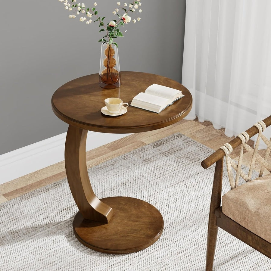 Tribesigns Round End Table C-Shaped Solid Wood Small Side Table Mid-Century Image 1