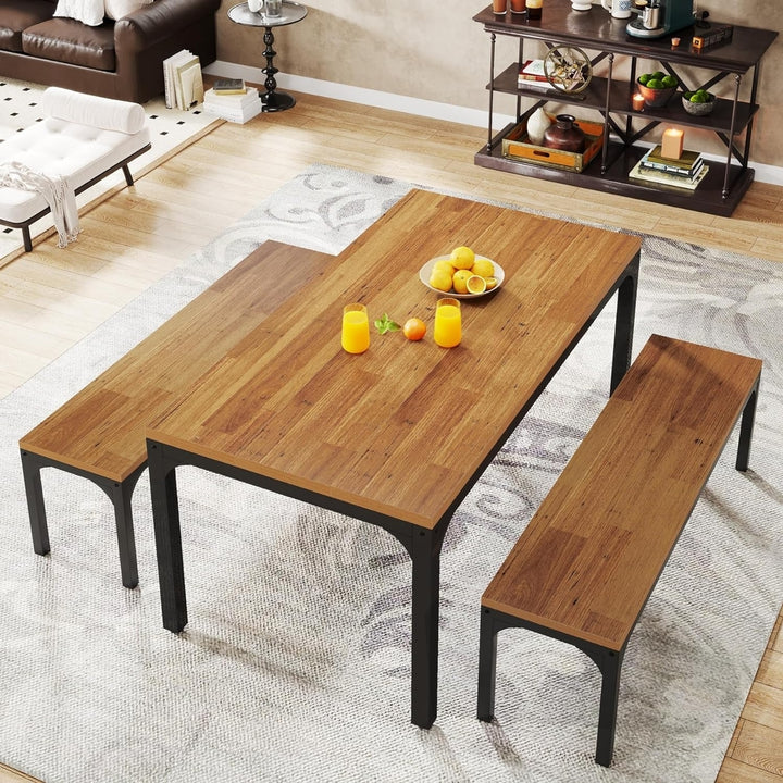 Tribesigns Dining Table Set for 6 People, 3 Pieces Rectangular Kitchen Table with 2 Benches, 55 Inches Large Wooden Image 4