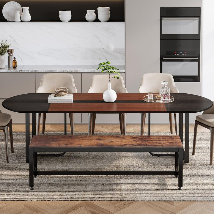 Tribesigns 70.86" Oval Dining Table Walnut Black Finish Curved Modern Design Image 4