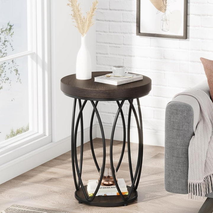 Tribesigns Round Side Table Black Metal Frame Rustic Wood Top with Storage Shelf Image 1