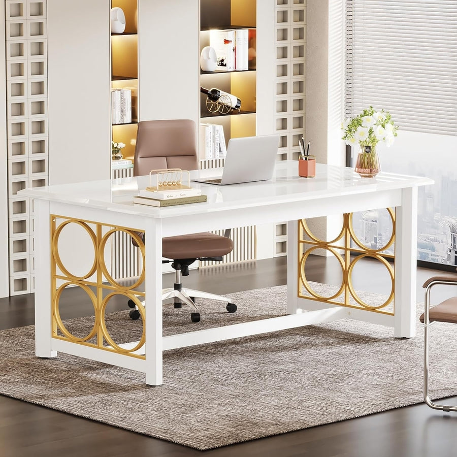 Tribesigns 63" Modern Executive Desk White Glossy Large Home Office Table Image 1