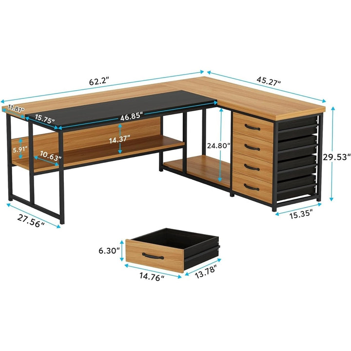 Tribesigns L-Shaped Desk with 4 Drawers, 62.2-Inch Computer Desk with Open Storage Shelves and CPU Stand Image 2