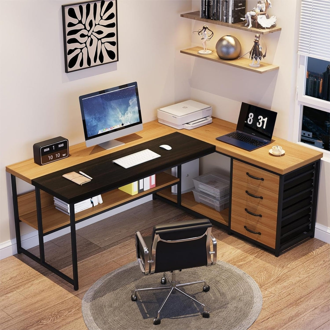 Tribesigns L-Shaped Desk with 4 Drawers, 62.2-Inch Computer Desk with Open Storage Shelves and CPU Stand Image 3