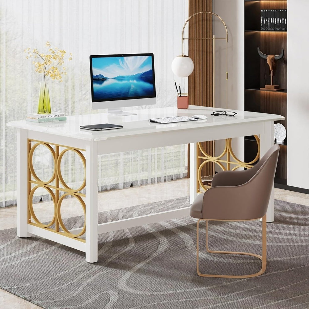 Tribesigns 63" Modern Executive Desk White Glossy Large Home Office Table Image 2