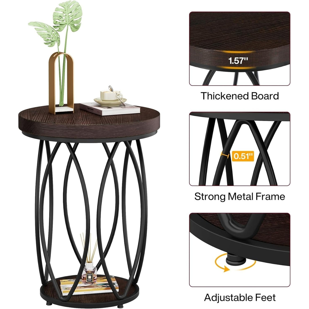 Tribesigns Round Side Table Black Metal Frame Rustic Wood Top with Storage Shelf Image 4