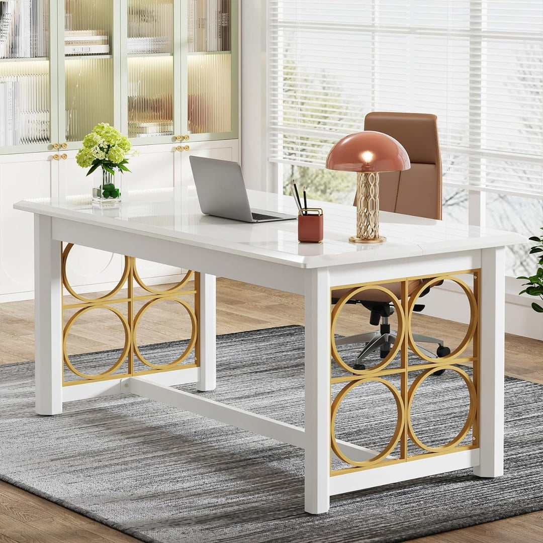 Tribesigns 63" Modern Executive Desk White Glossy Large Home Office Table Image 5