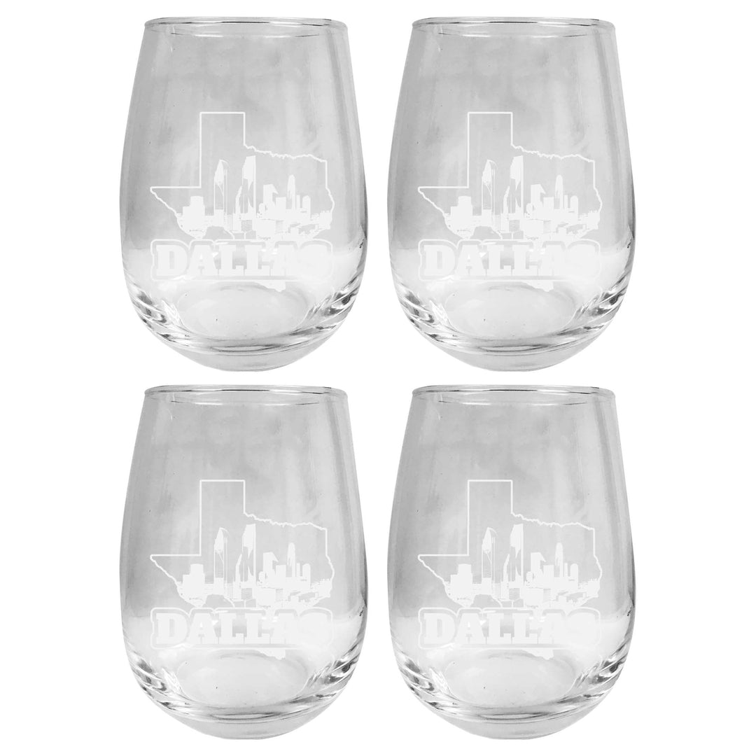 Dallas Texas Souvenir 15 oz Engraved Stemless Wine Glass 4-Pack Image 1