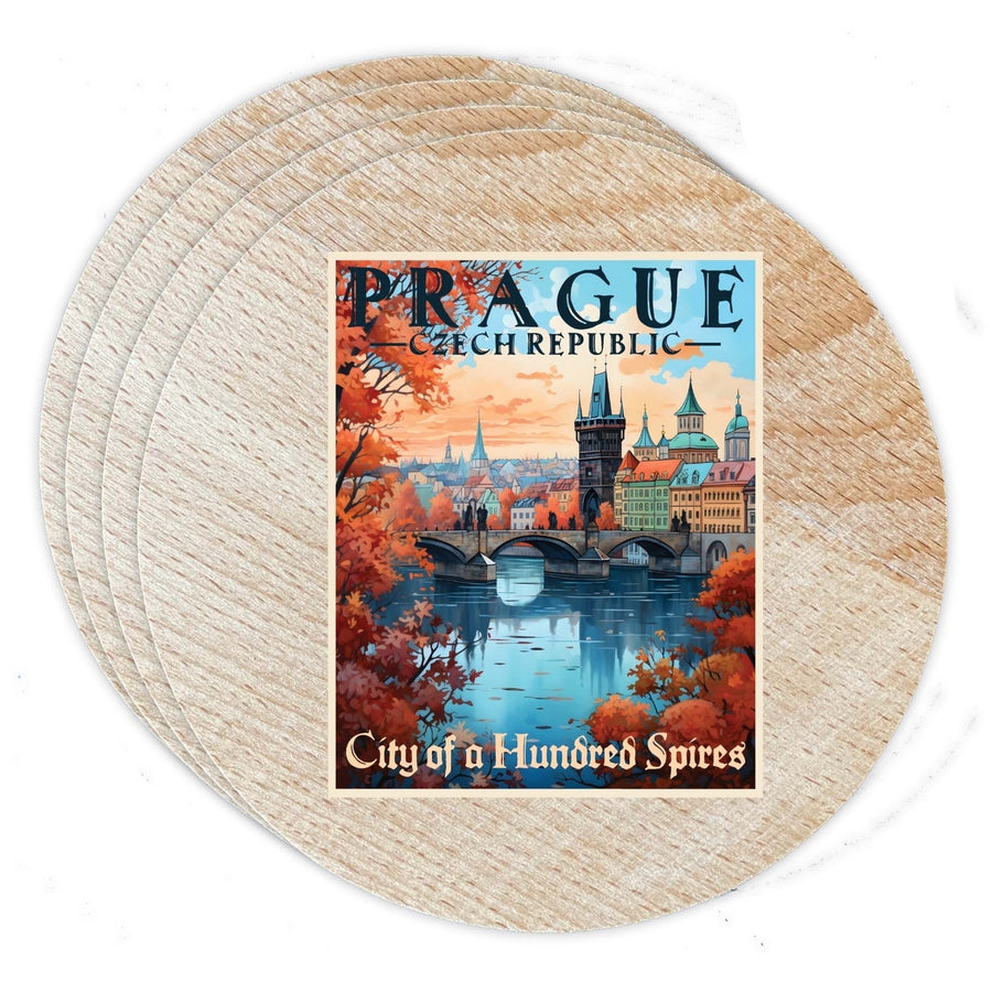 Prague Czech Republic Design A Souvenir Coaster Wooden 3.5 x 3.5-Inch 4 Pack Image 1