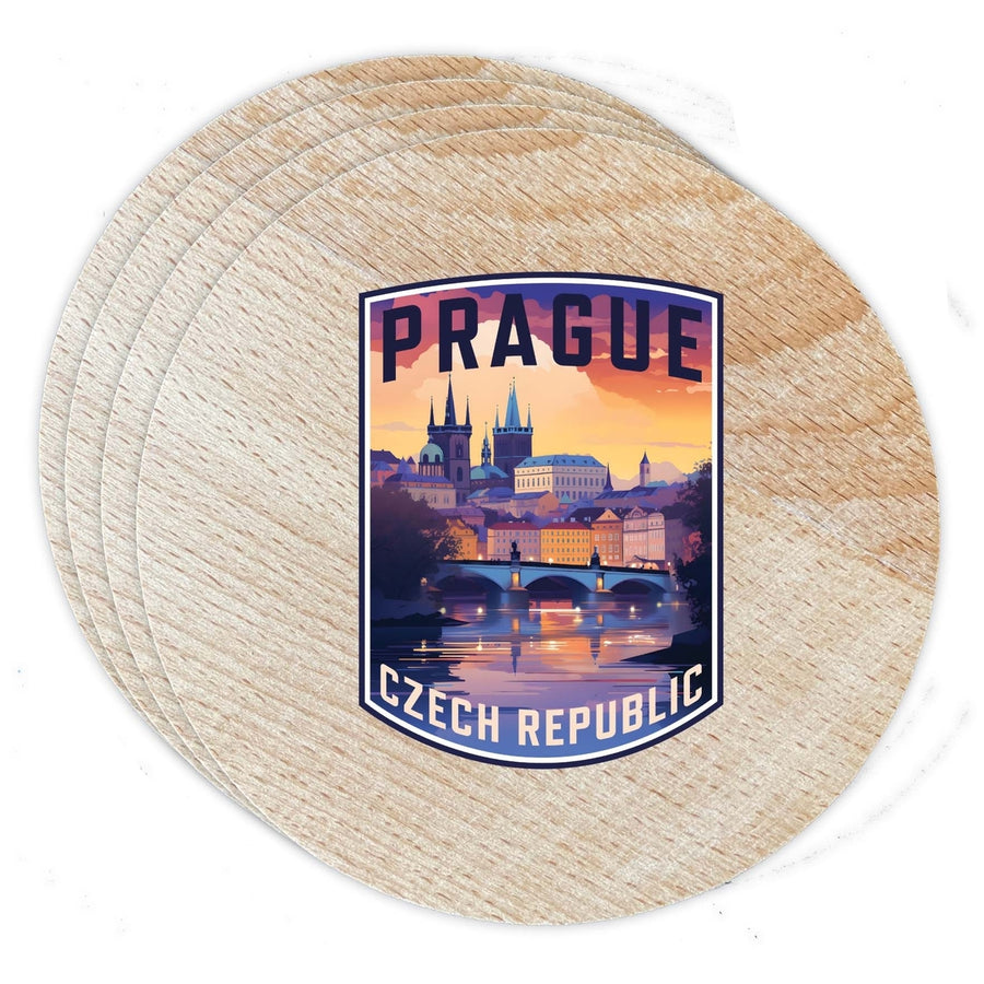 Prague Czech Republic Design B Souvenir Coaster Wooden 3.5 x 3.5-Inch 4 Pack Image 1