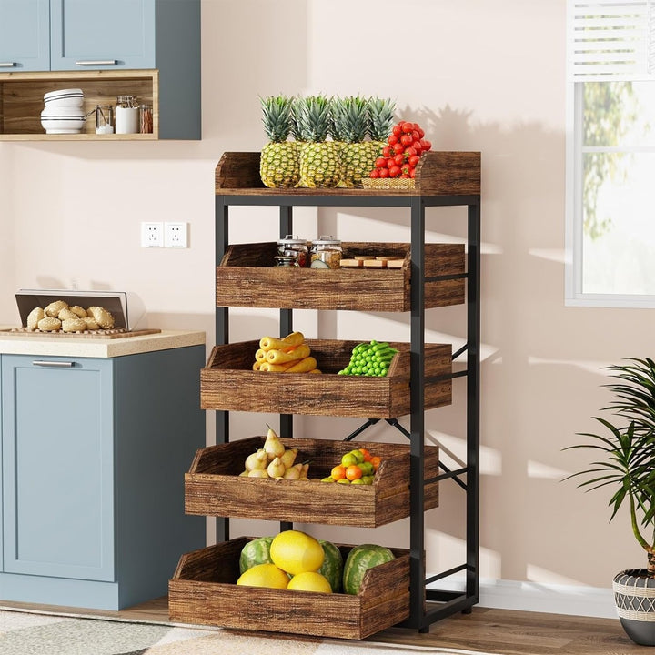 Tribesigns Wood Fruit and Vegetable Storage Rack, 5-Tier Pull-Out Snack Stand Fruit Basket Stand, Utility Shelf Image 1