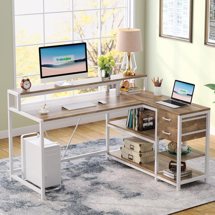 Tribesigns 55-inch Reversible L Shaped Desk with Drawer and Storage Shelves Image 1