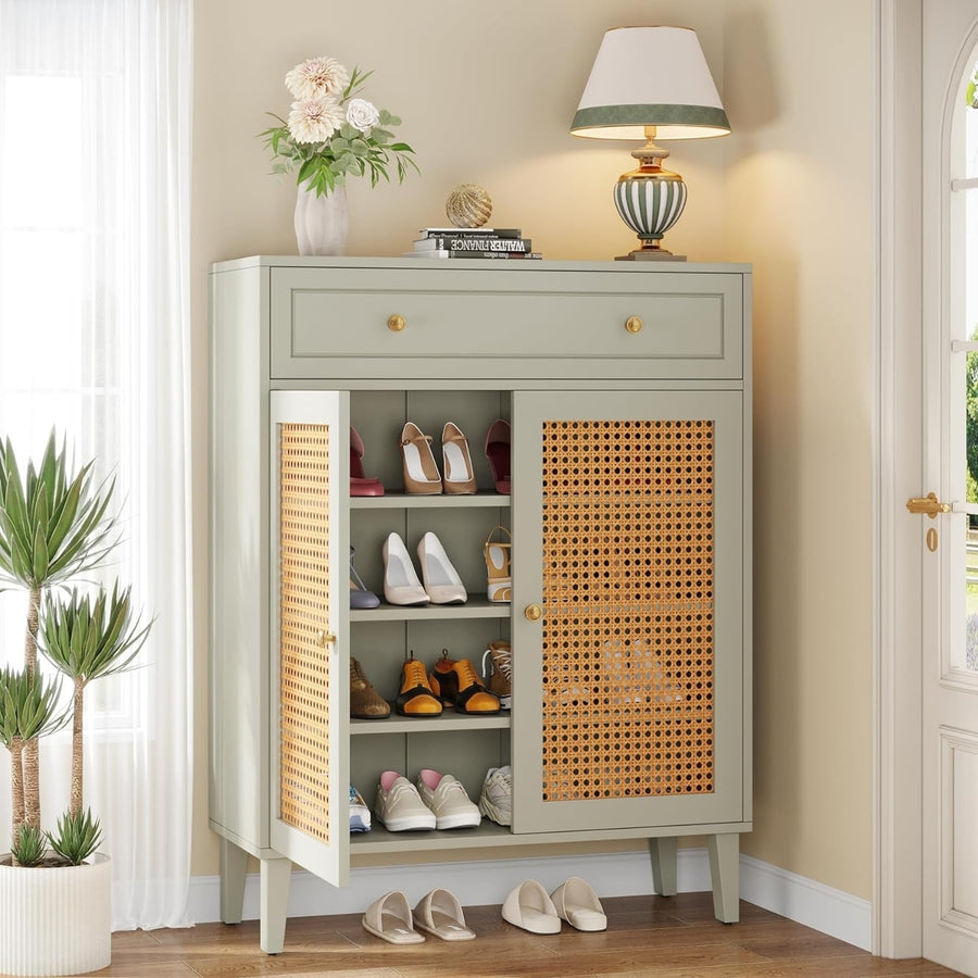 Tribesigns Mint Green Shoe Cabinet Rattan Storage with Doors and Drawer E1 MDF Image 1