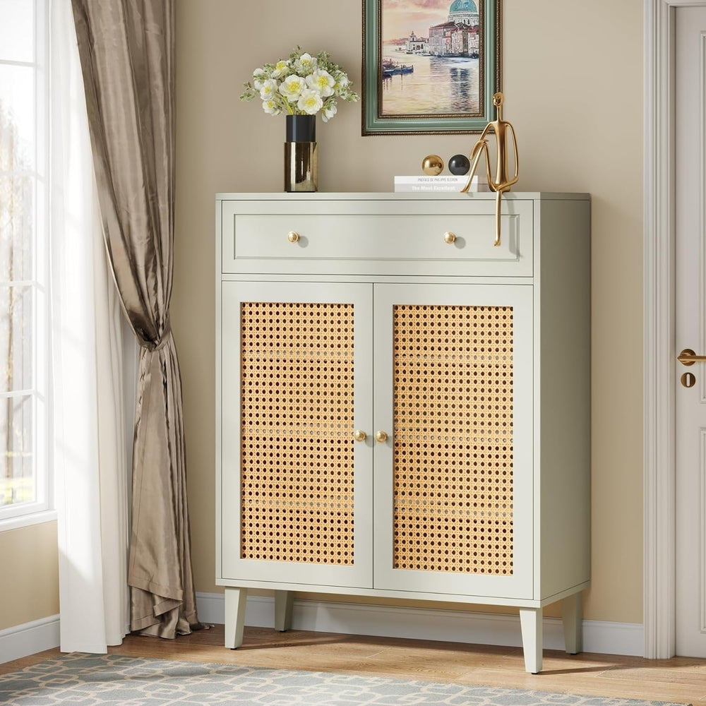 Tribesigns Mint Green Shoe Cabinet Rattan Storage with Doors and Drawer E1 MDF Image 2