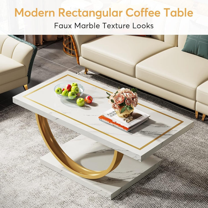 Tribesigns Modern Coffee Table Faux Marble White Gold Rectangle Living Room Image 6