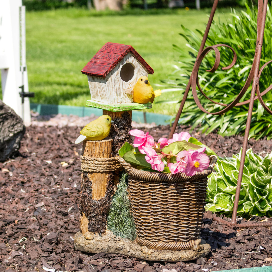 Sunnydaze Polyresin Bird House Planter Statue with Solar Lighted Birds Image 3