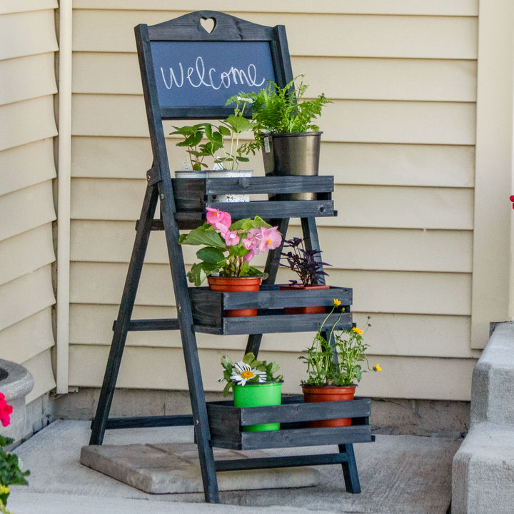 Sunnydaze Country Heart Ladder Plant Stand with Chalkboard - Black Image 2