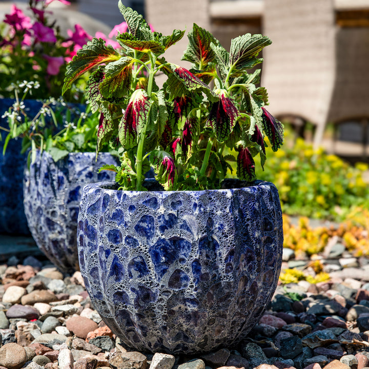 Sunnydaze 10" Round Fluted Lava Finish Planter - Dark Blue - Set of 2 Image 3