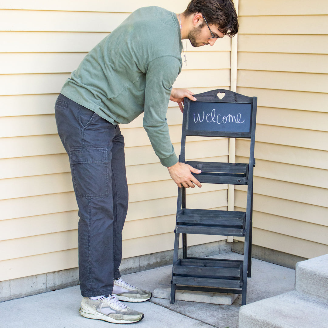 Sunnydaze Country Heart Ladder Plant Stand with Chalkboard - Black Image 4