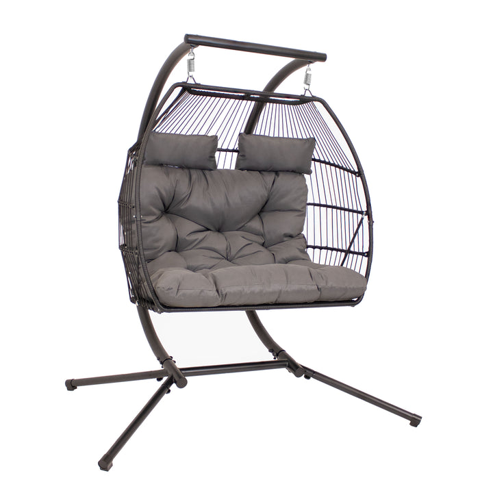 Sunnydaze Polyrattan Andrei Double Egg Chair with Stand and Cushion - Gray Image 1