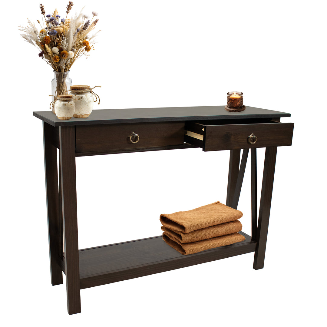 Sunnydaze Solid Pine 2-Drawer Console Table - 42 in - Dark Brown Image 9