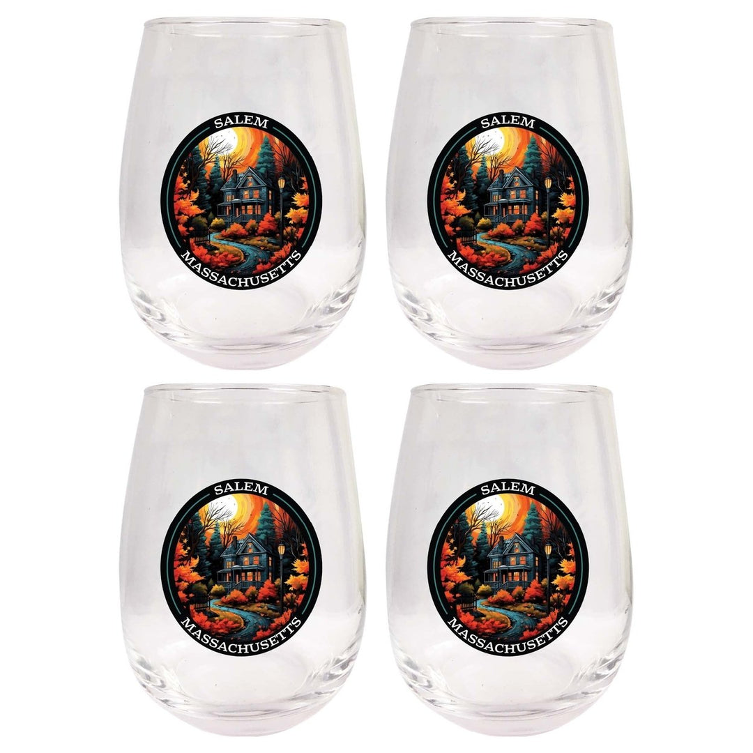 Salem Massachussettes Design B Souvenir 15 oz Stemless Wine Glass 4-Pack Image 1