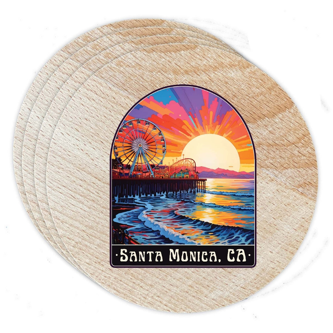 Santa Monica California Design B Souvenir Coaster Wooden 3.5 x 3.5-Inch 4 Pack Image 1