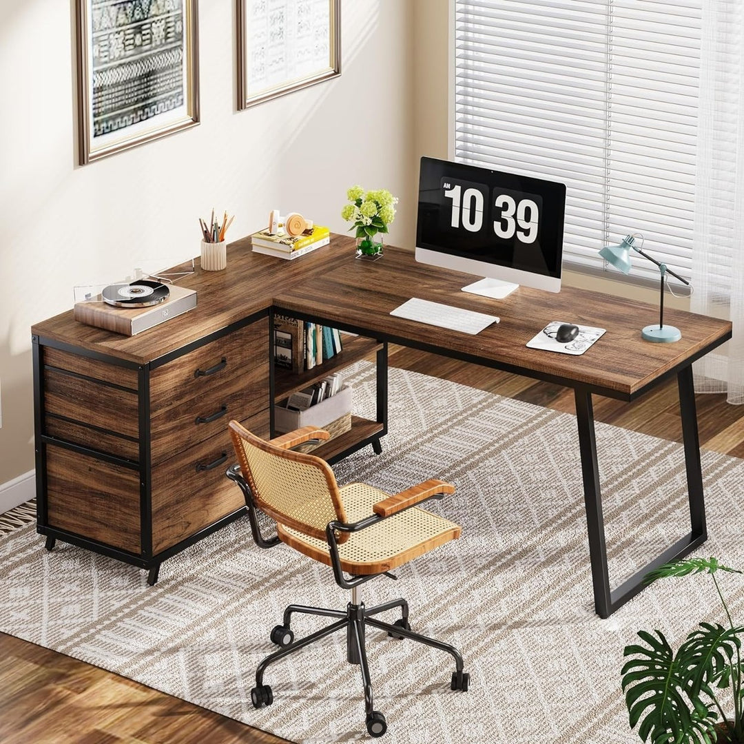 Tribesigns L-Shaped Computer Desk 3 Drawers Reversible Corner Home Office Image 2