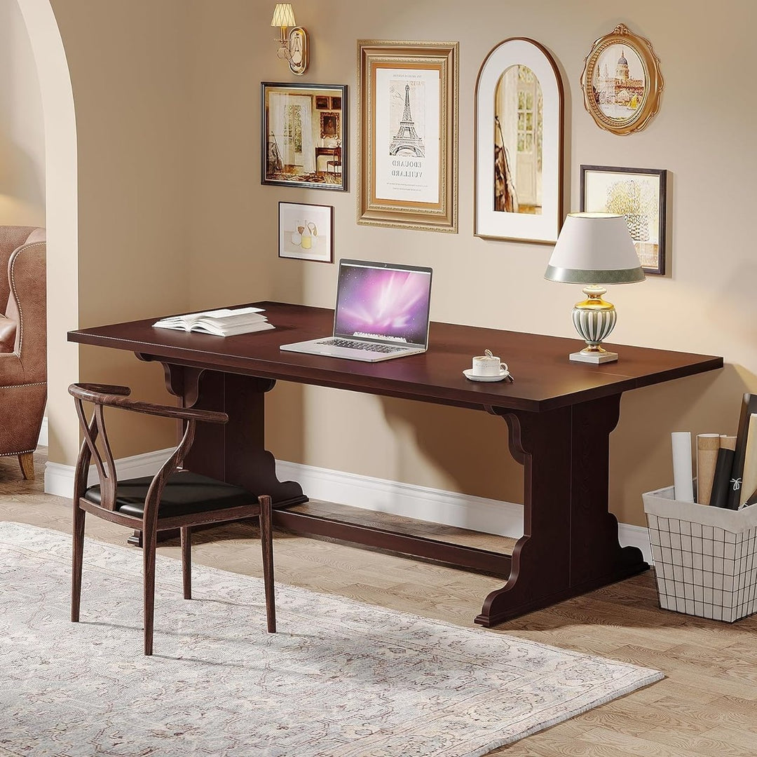 Tribesigns 63-Inch Walnut Computer Desk, Large Long Wooden Computer Desk, Vintage Home Office Desk, Study Writing Table Image 2