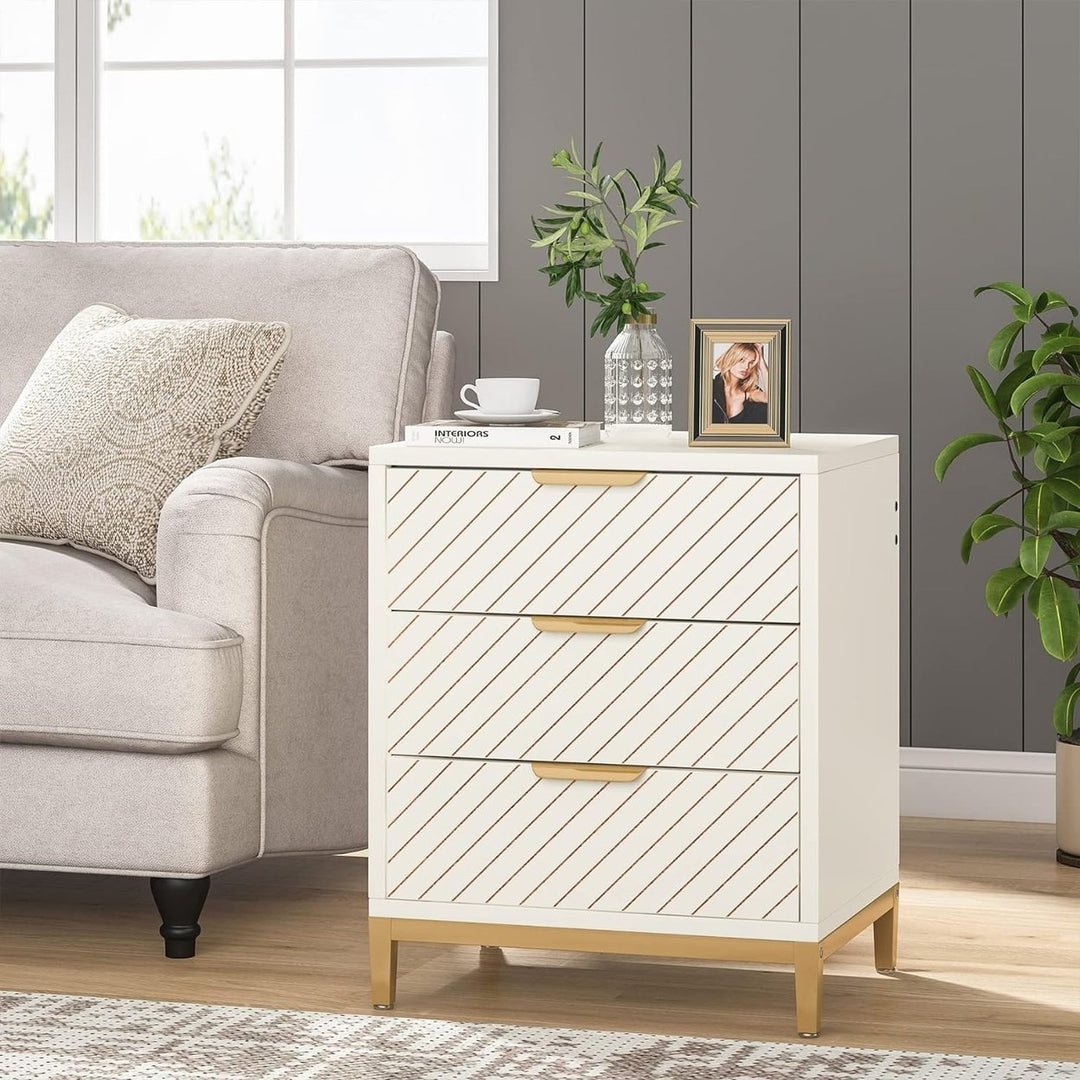 Tribesigns Night Stands for Bedrooms, White and Gold Nightstands with 3 Drawers Bedside End Tables Storage with Image 1