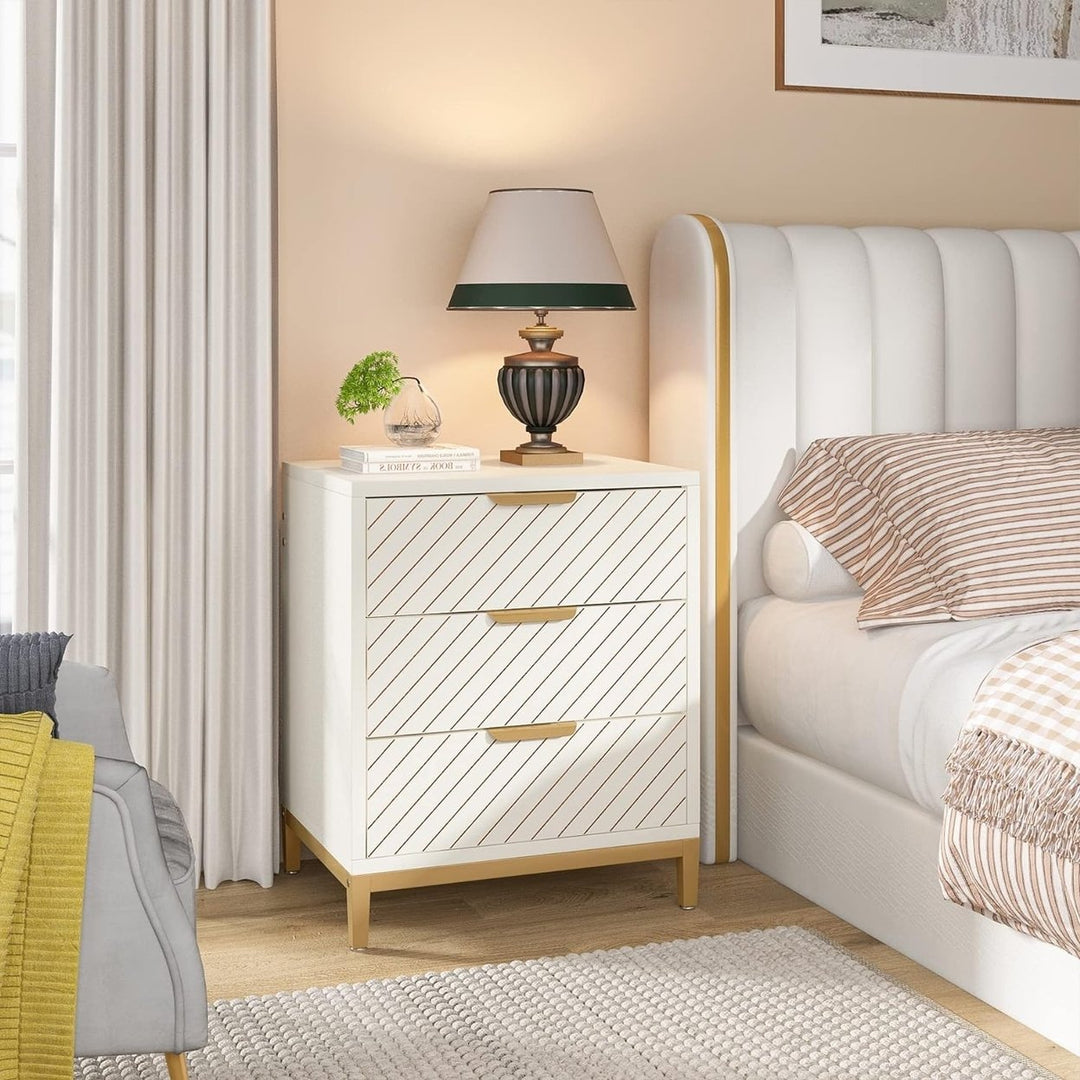 Tribesigns Night Stands for Bedrooms, White and Gold Nightstands with 3 Drawers Bedside End Tables Storage with Image 3