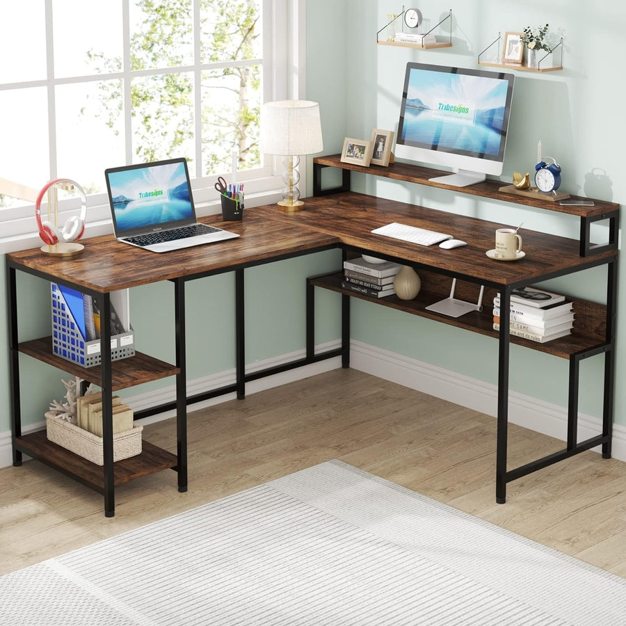 Tribesigns L Shaped Desk with Monitor Stand Reversible Corner Desk 59x47 Wood Image 1