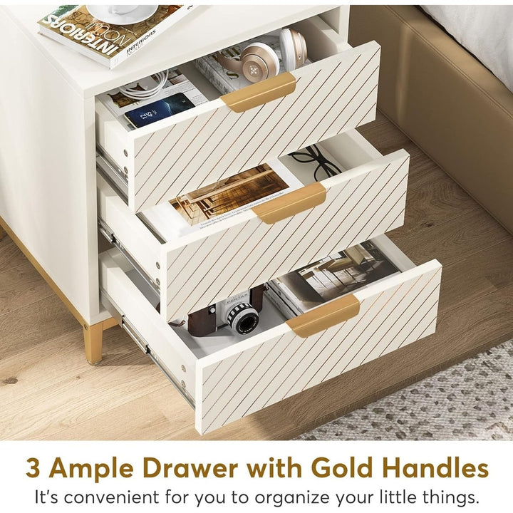 Tribesigns Night Stands for Bedrooms, White and Gold Nightstands with 3 Drawers Bedside End Tables Storage with Image 6