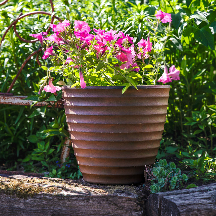 Sunnydaze 13 in Ribbed Polyresin Outdoor Planter - Rust Image 2