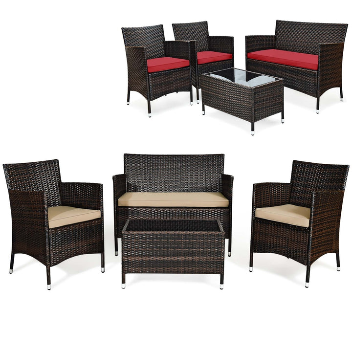 4 Pieces Patio Rattan Conversation Furniture Set Outdoor w/ Brown and Red Cushion Image 2