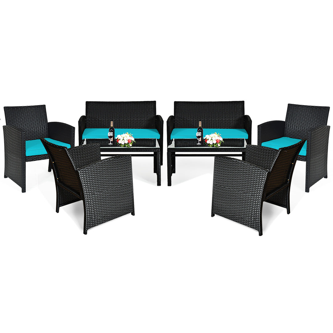 8PCS Rattan Outdoor Conversation Set Patio Furniture Set w/ Turquoise Cushions Image 2