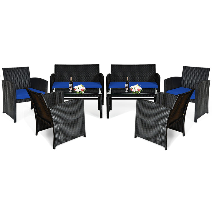 8PCS Rattan Outdoor Conversation Set Patio Furniture Set w/ Navy Cushions Image 2