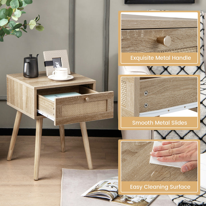 Nightstand Bedside End Sofa Table with Rattan Drawer for Bedroom and Living Room Image 2