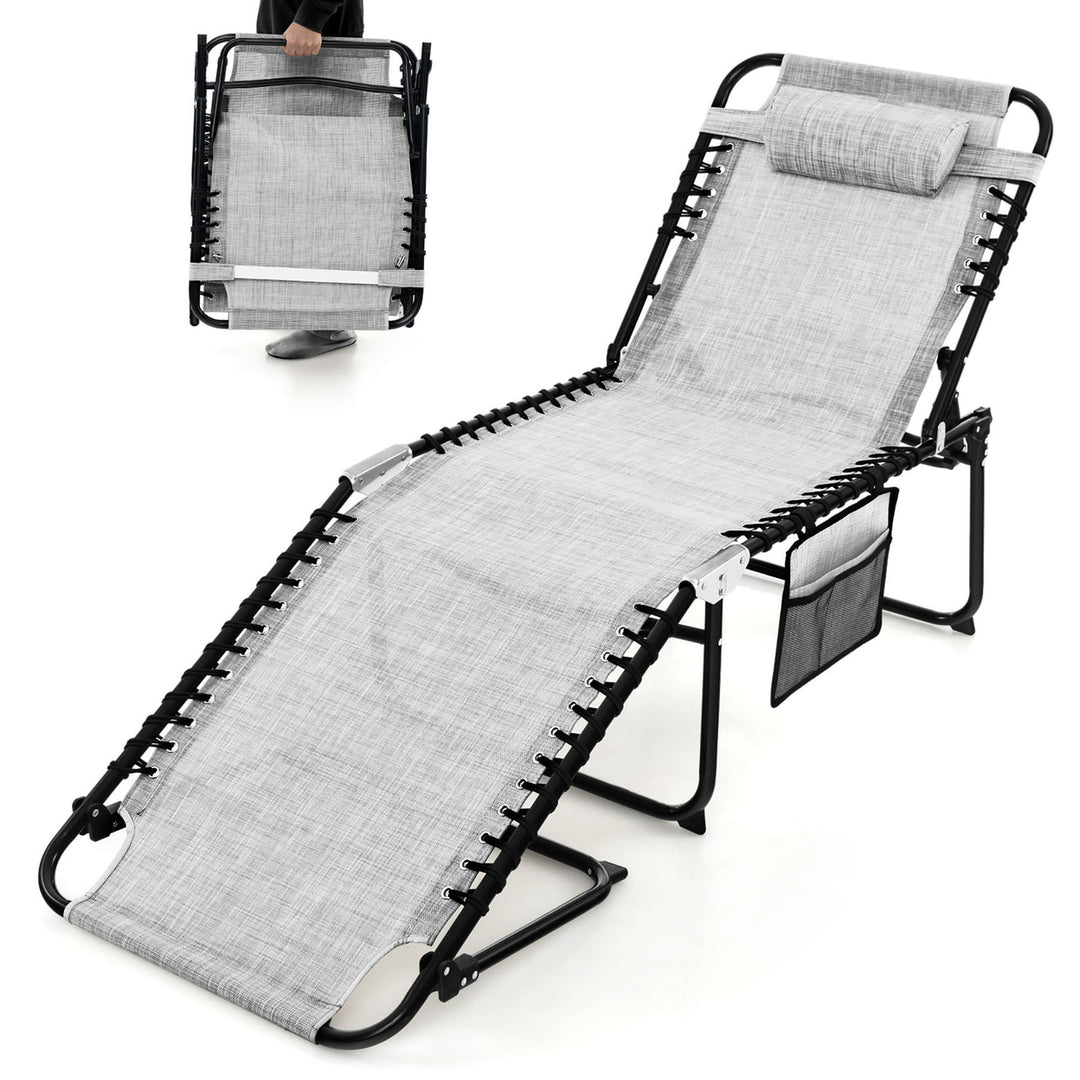 Folding Beach Lounger Chaise Lounge Chair w/ Pillow 4-Level Backrest Grey/Black Image 5