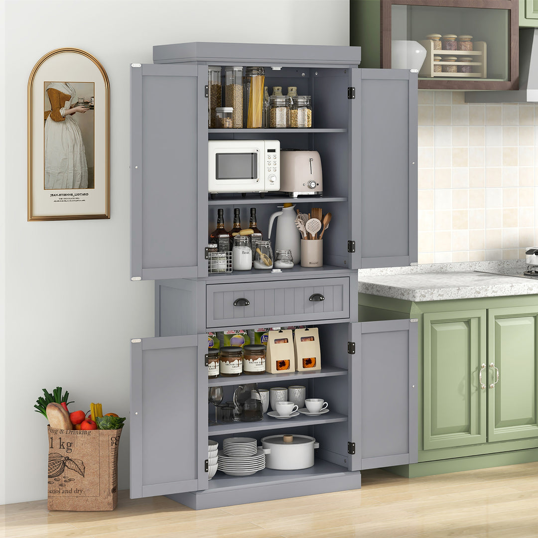 72 Kitchen Pantry Storage Cabinet Tall Freestanding Cupboard w/ 4 Doors Large Drawer Gray Image 2