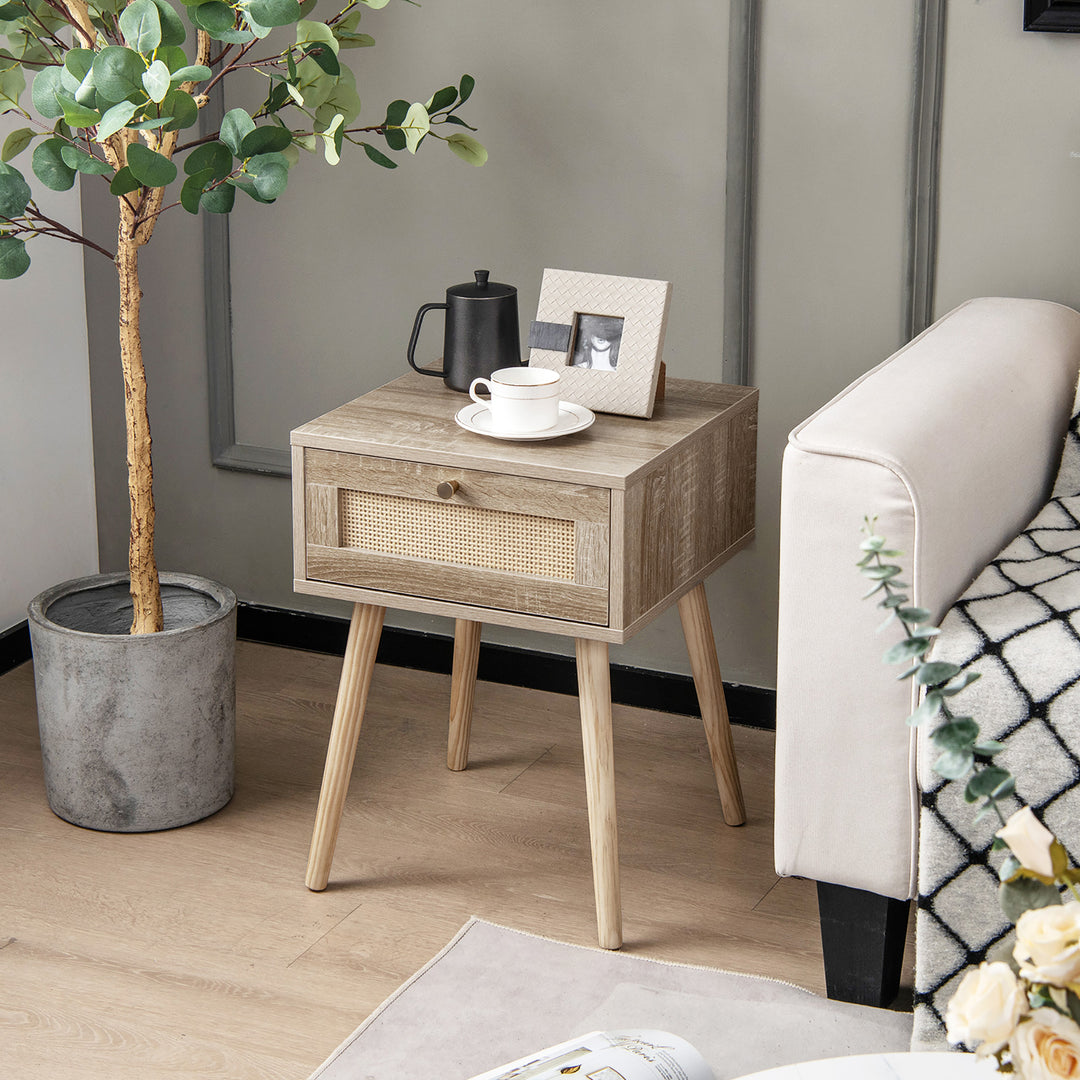 Nightstand Bedside End Sofa Table with Rattan Drawer for Bedroom and Living Room Image 5