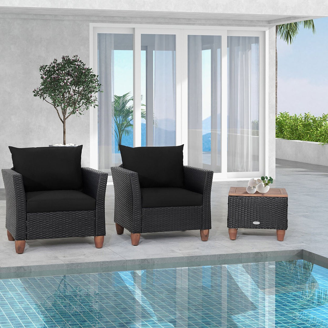 3PCS Patio Rattan Conversation Furniture Set Yard Outdoor w/ Black Cushions Image 1