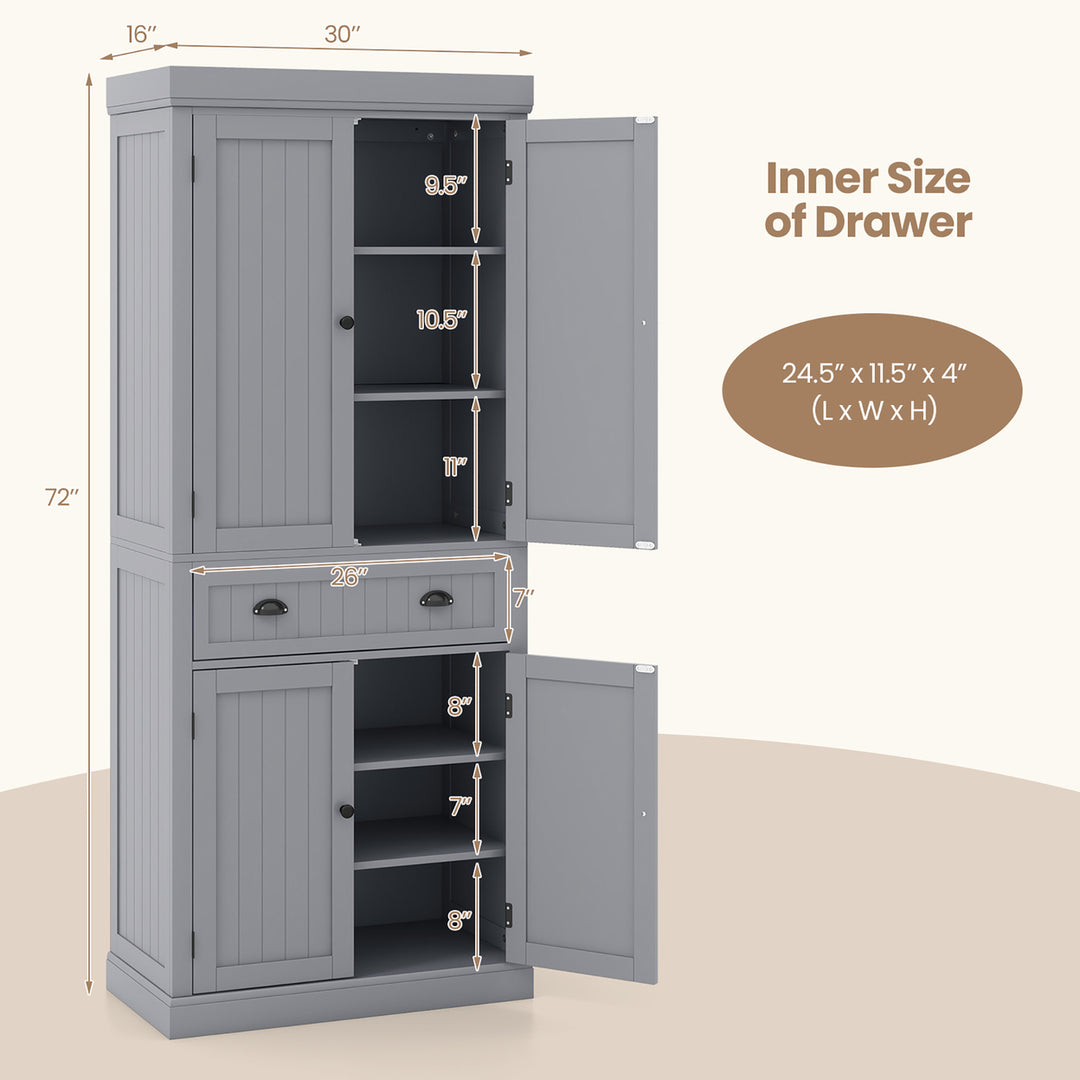 72 Kitchen Pantry Storage Cabinet Tall Freestanding Cupboard w/ 4 Doors Large Drawer Gray Image 3